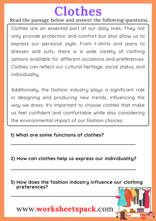 Clothes Reading Comprehension Passage Worksheetspack