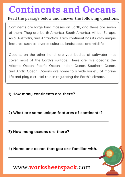 Continents And Oceans Reading Comprehension Passage Worksheetspack