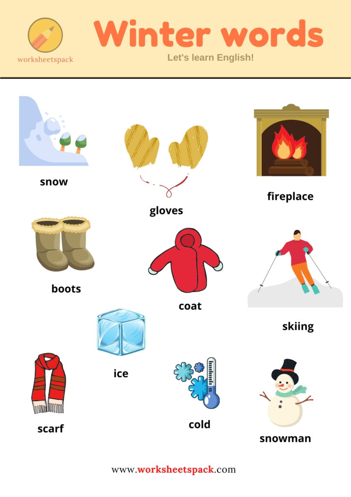 10 WINTER VOCABULARY WORDS WITH PICTURES PRINTABLE