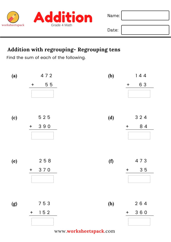 FREE PRINTABLES ADDITION FOR GRADE 4 (REGROUPING TENS)