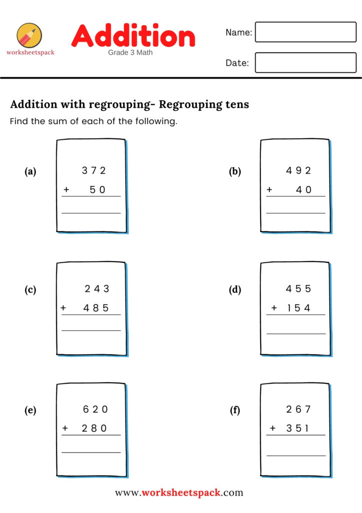 ADDITION WITH REGROUPING (TENS) WORKSHEETS
