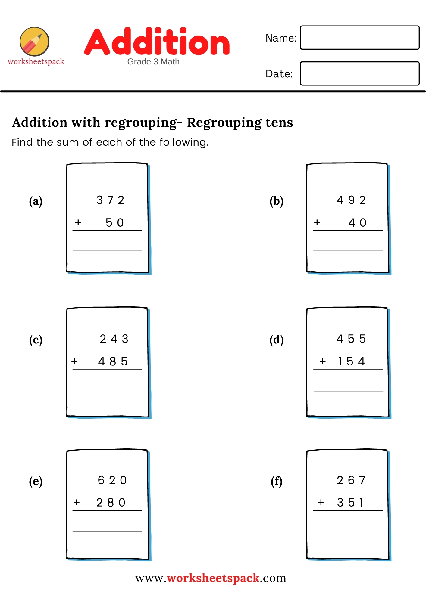 ADDITION WITH REGROUPING (TENS) - worksheetspack