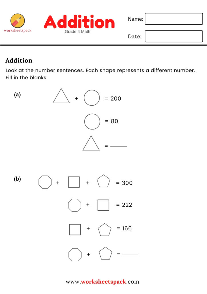 Addition Worksheet Grade 4 Number Sentences