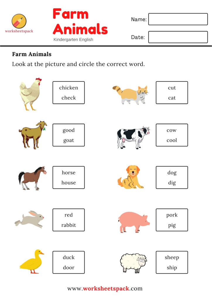CIRCLE THE CORRECT WORD (10 FARM ANIMALS) 
