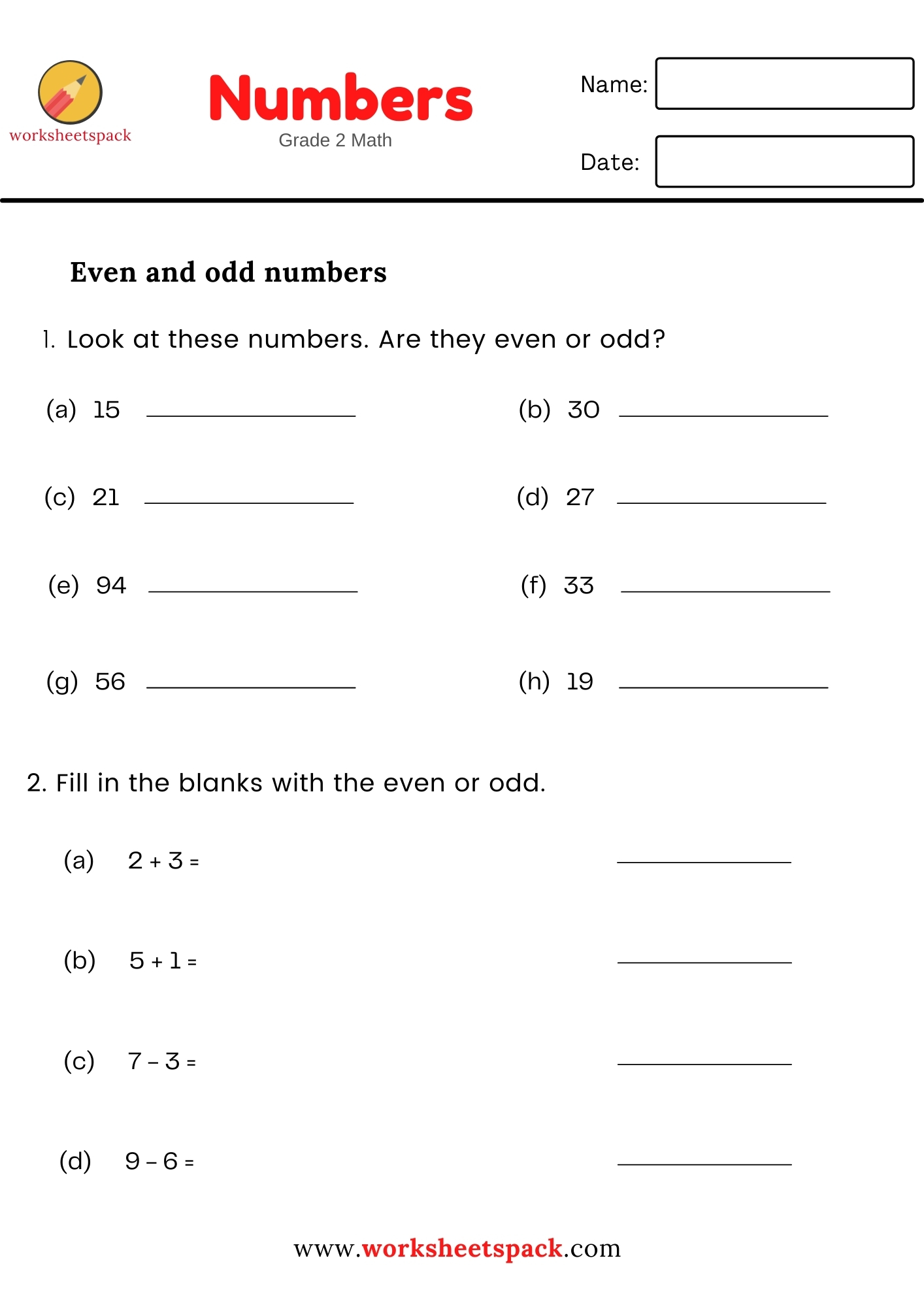 Even And Odd Numbers Grade 2 Math Worksheet Worksheetspack 7243