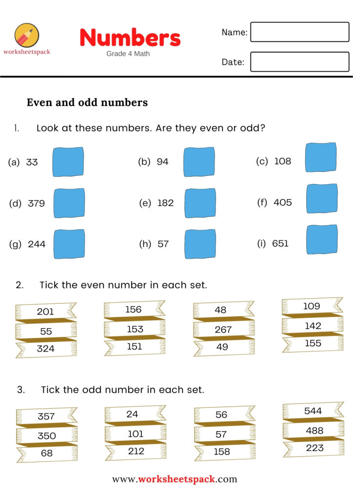 EVEN AND ODD NUMBERS GRADE 4 MATH WORKSHEETS