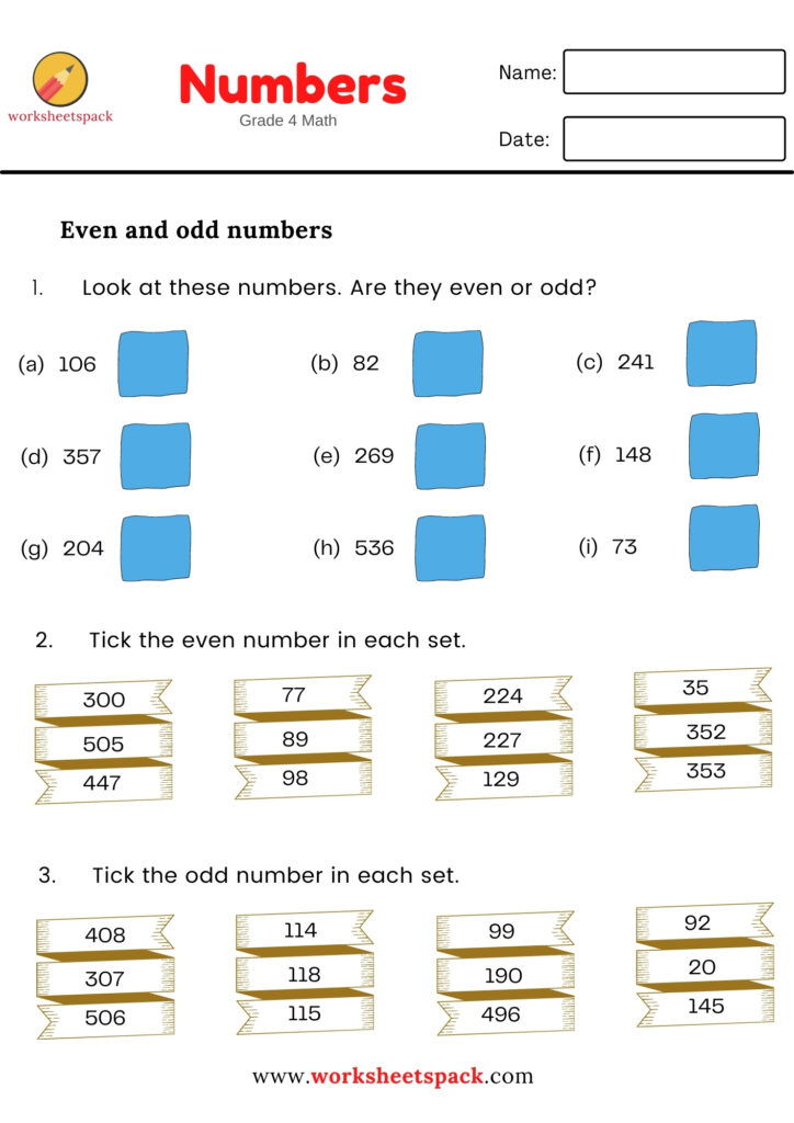 EVEN AND ODD NUMBERS GRADE 4 MATH WORKSHEET