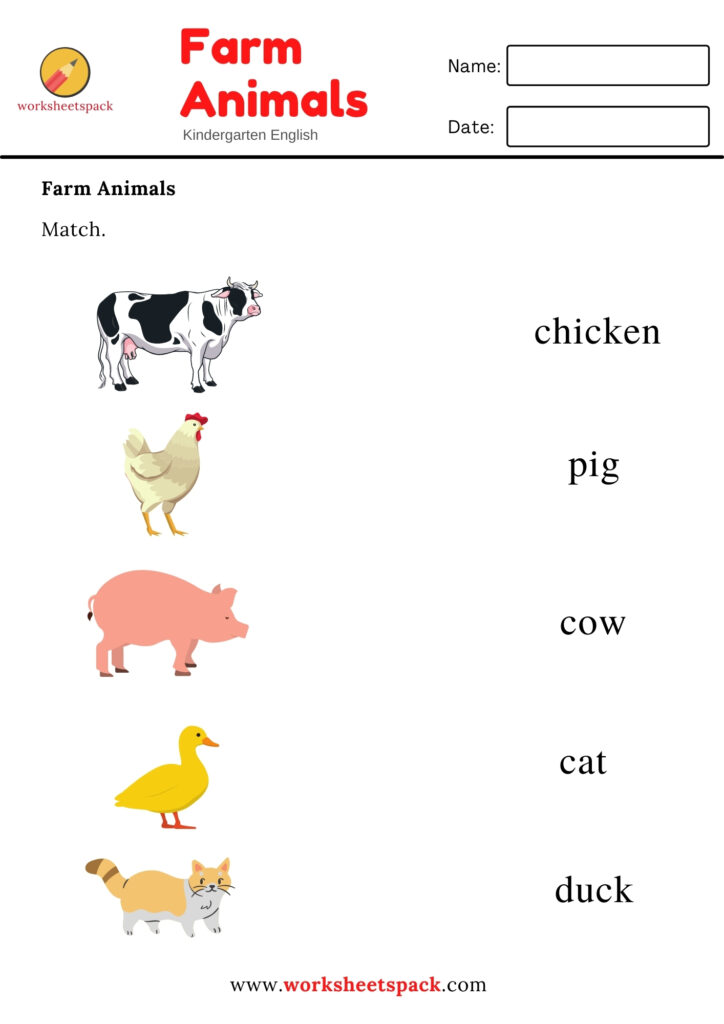 FARM ANIMALS WORKSHEETS (MATCHING PRINTABLE)