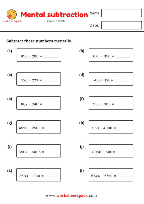 MENTAL MATH SUBTRACTION FOR GRADE 5 - worksheetspack