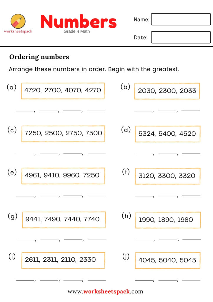 ORDERING NUMBERS WORKSHEETS FOR GRADE 4 (EASY MATH) 