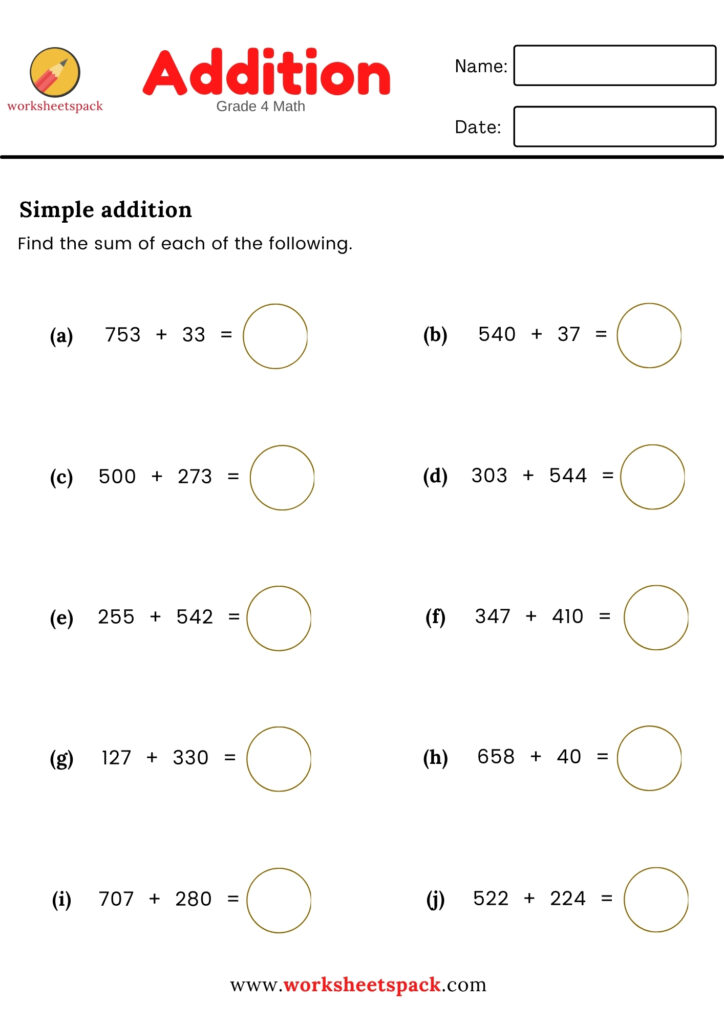 SIMPLE ADDITION WORKSHEETS (GRADE 4 MATH)
