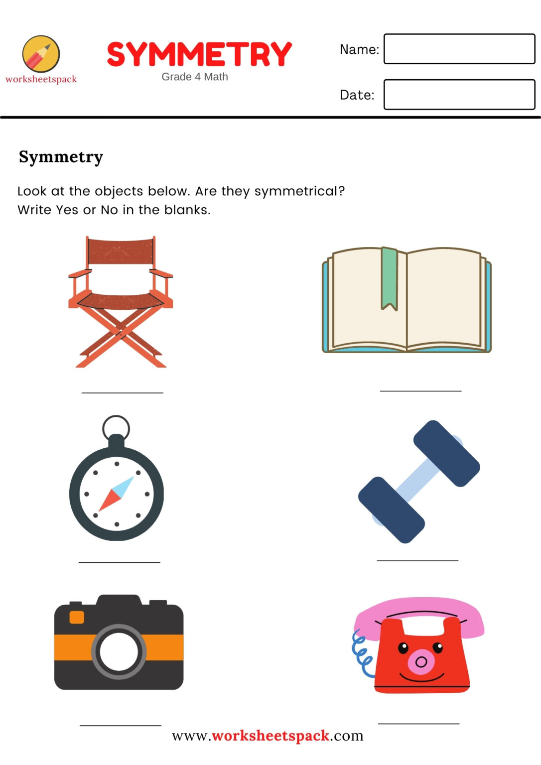 SYMMETRY WORKSHEETS GRADE 4 (SYMMETRICAL OBJECTS) - worksheetspack