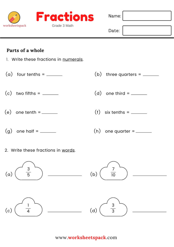 WRITE THE FRACTIONS IN WORDS (FREE MATH WORKSHEET)