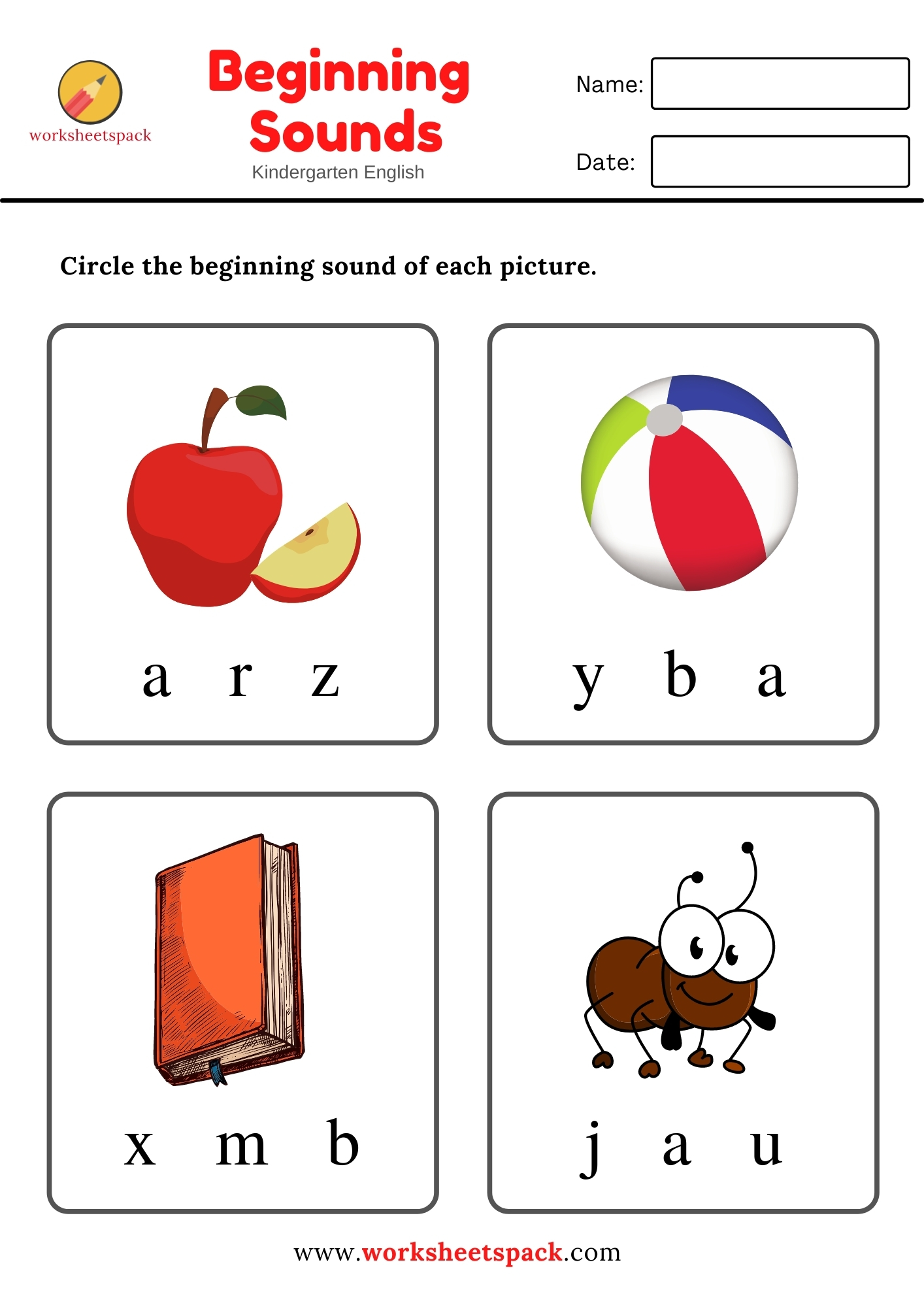 Beginning sounds worksheets pack ( A to Z) - worksheetspack