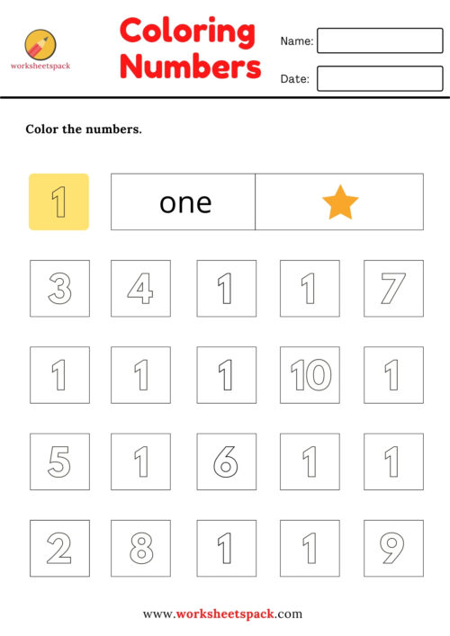 COLOR THE NUMBERS WORKSHEETS (1 TO 10)