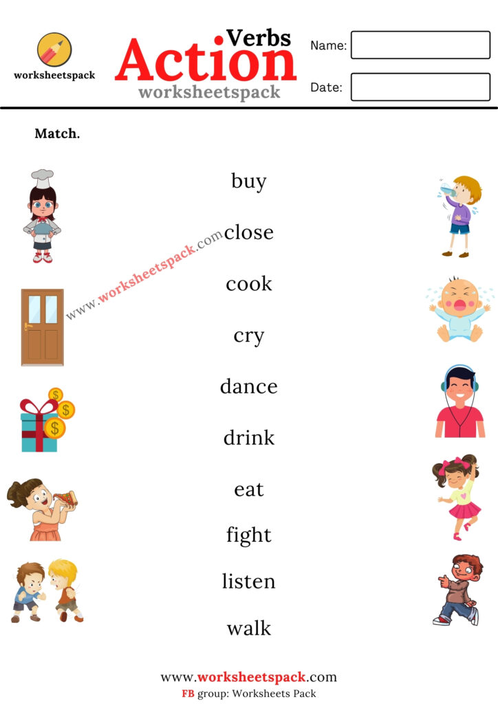 ACTION VERBS MATCHING WORKSHEETS PACK PDF