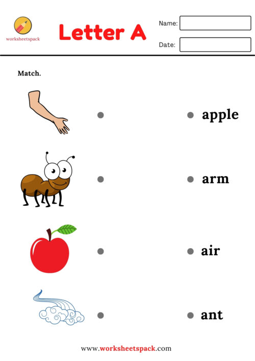 Matching words to pictures worksheets (A to Z) - worksheetspack