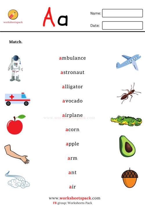 A to Z matching words worksheets pack - worksheetspack