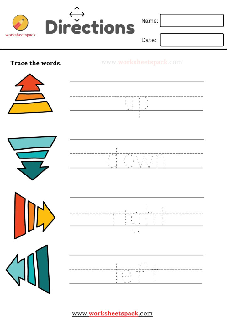 Free printable direction words tracing worksheets pdf