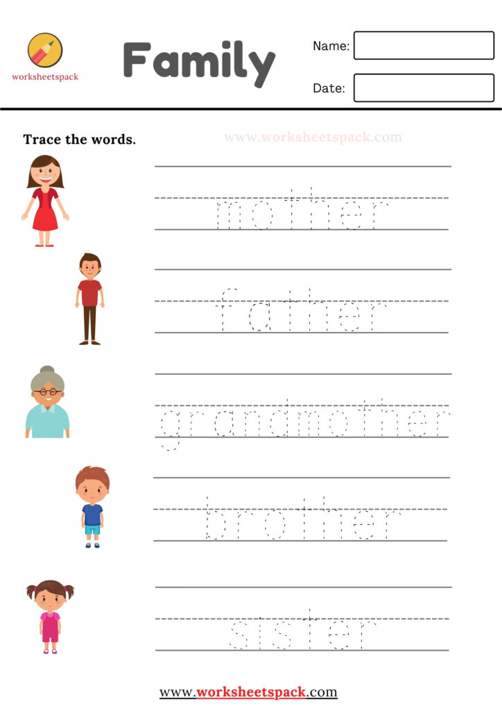 family members words tracing worksheets pdf