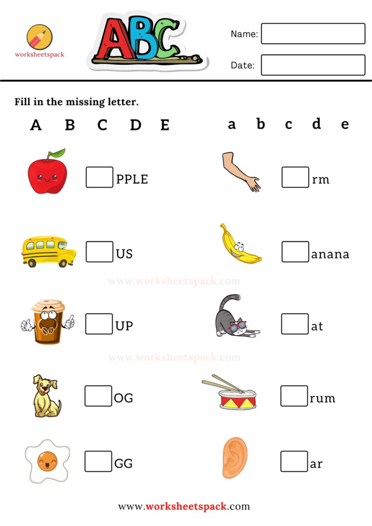 FILL IN THE MISSING LETTER A-Z WORKSHEETS PACK