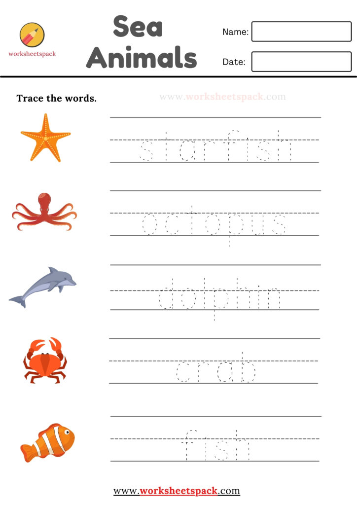 sea animals words tracing worksheets pdf