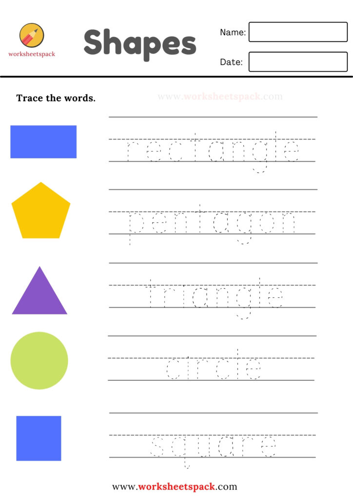 SHAPES WORDS TRACING WORKSHEETS