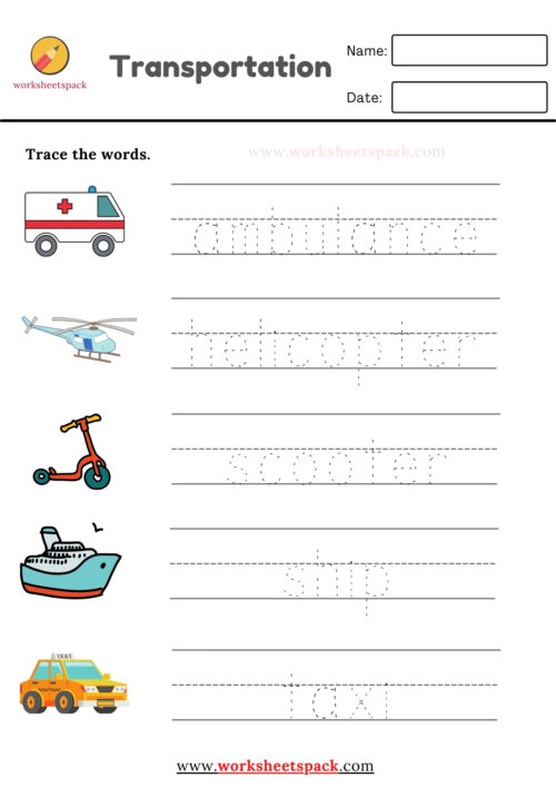 Means of Transportation (Vehicles) Tracing Worksheet