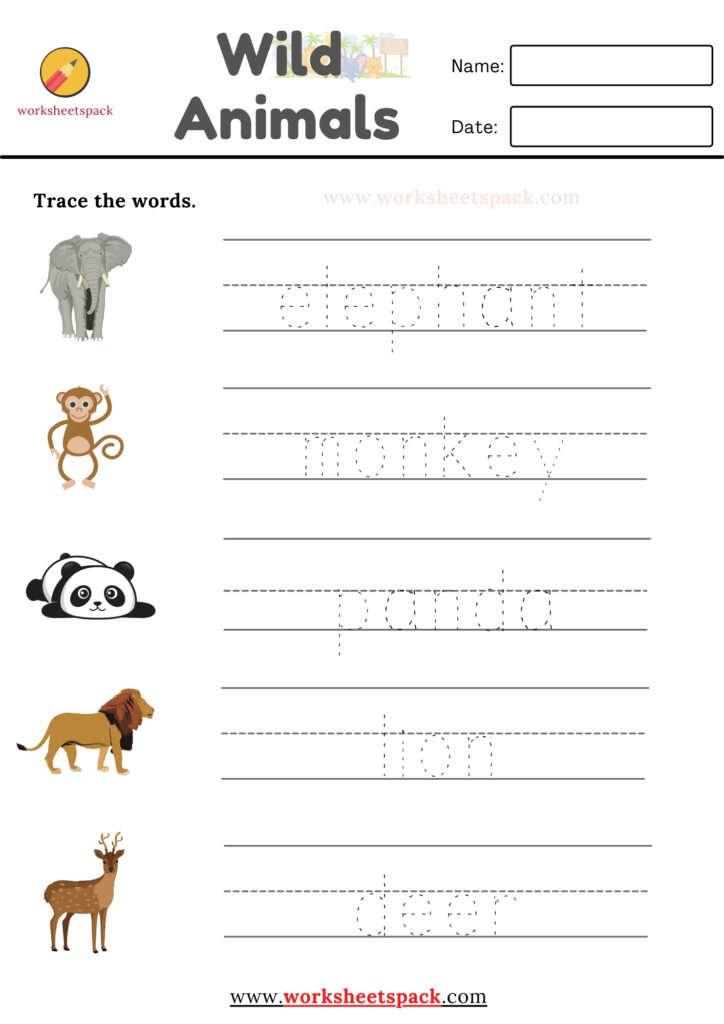 WILD ANIMALS WORDS TRACING WORKSHEETS