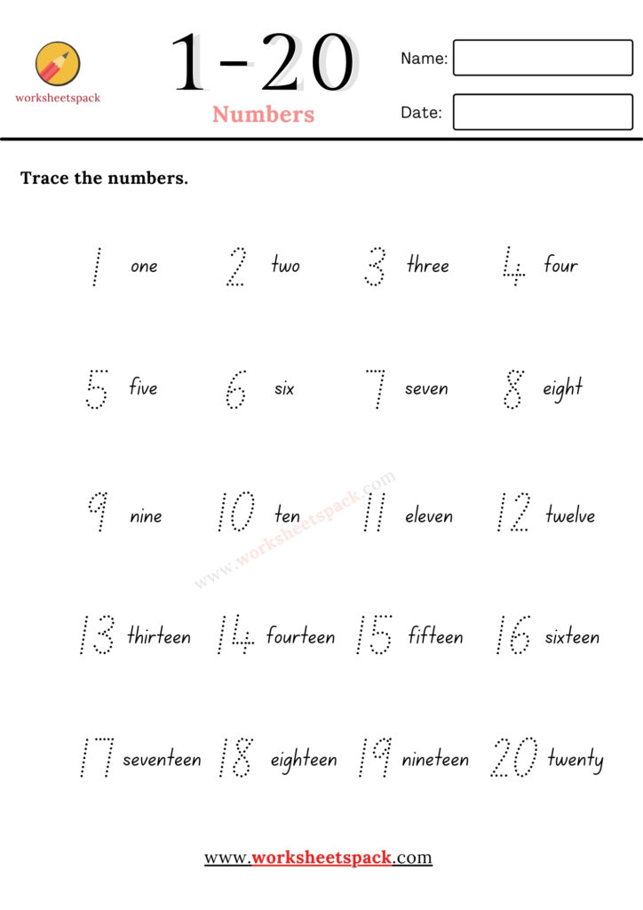 1-20 NUMBERS TRACING WORKSHEETS