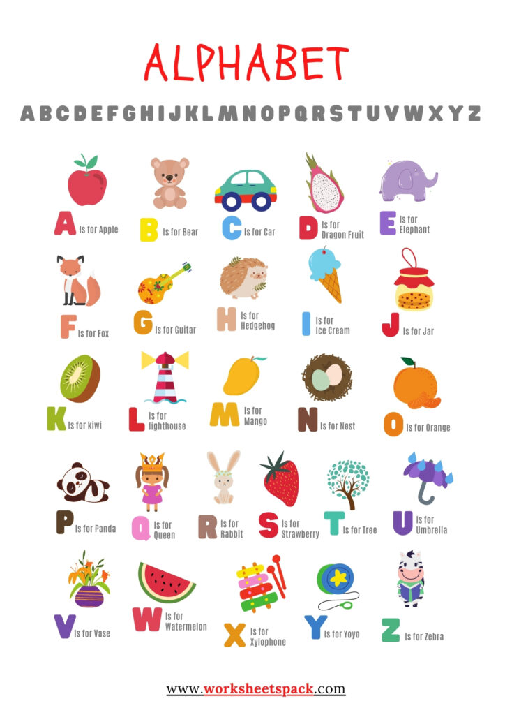 Free printable A to Z letters with pictures pdf