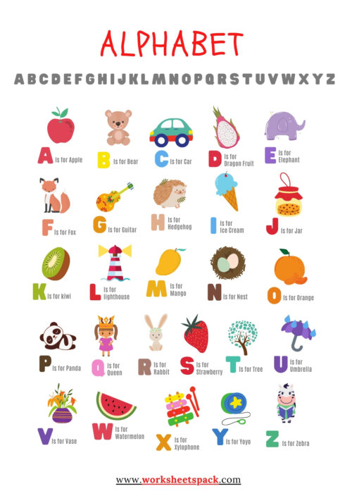 Alphabet letters A to Z with pictures - worksheetspack