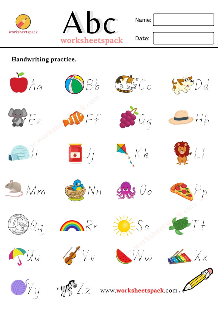 alphabet handwriting worksheets A to Z