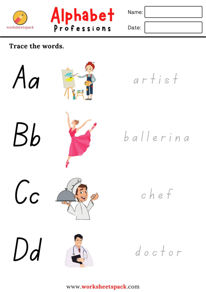 Free alphabet professions worksheets (A-Z)