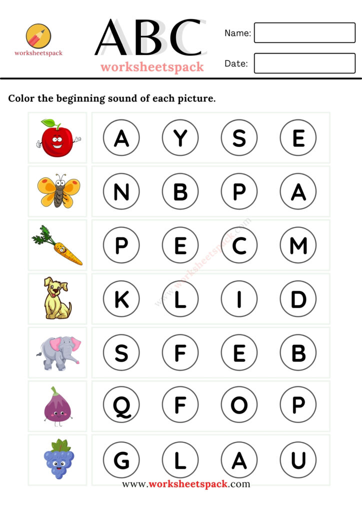 the beginning sound of each picture worksheets