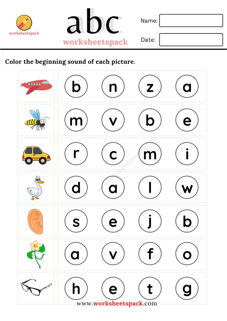 IDENTIFY BEGINNING SOUNDS WORKSHEETS LOWERCASE LETTERS