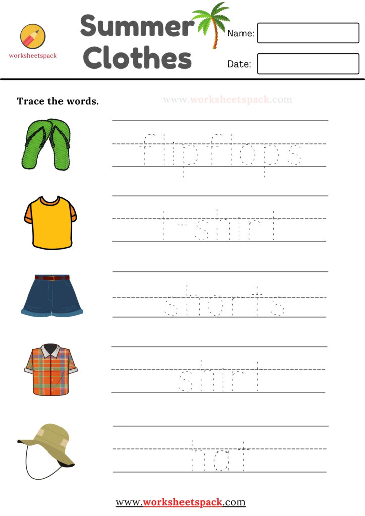 SUMMER CLOTHES WORDS TRACING WORKSHEETS