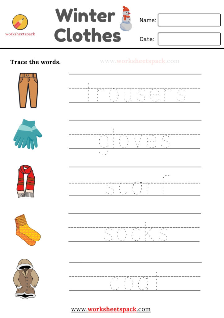 WINTER CLOTHES WORDS TRACING WORKSHEETS