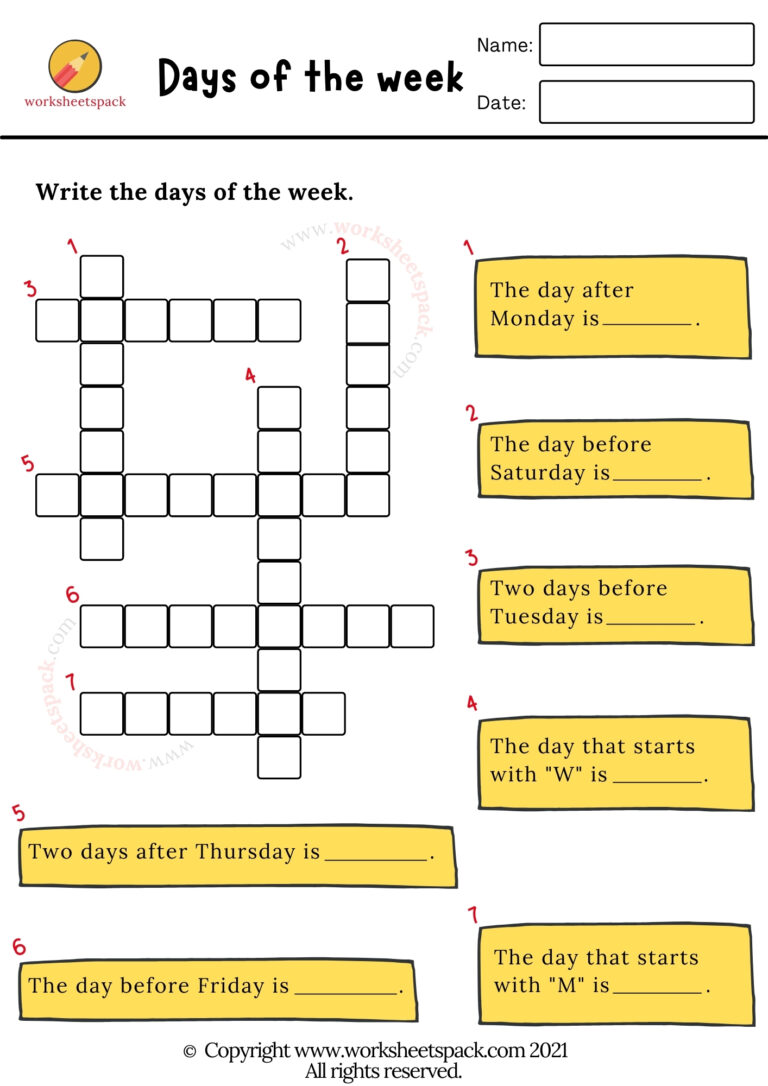Days of the week worksheets - worksheetspack