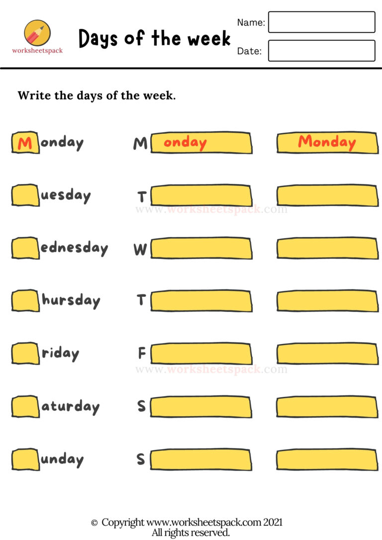 Days of the week worksheets - worksheetspack