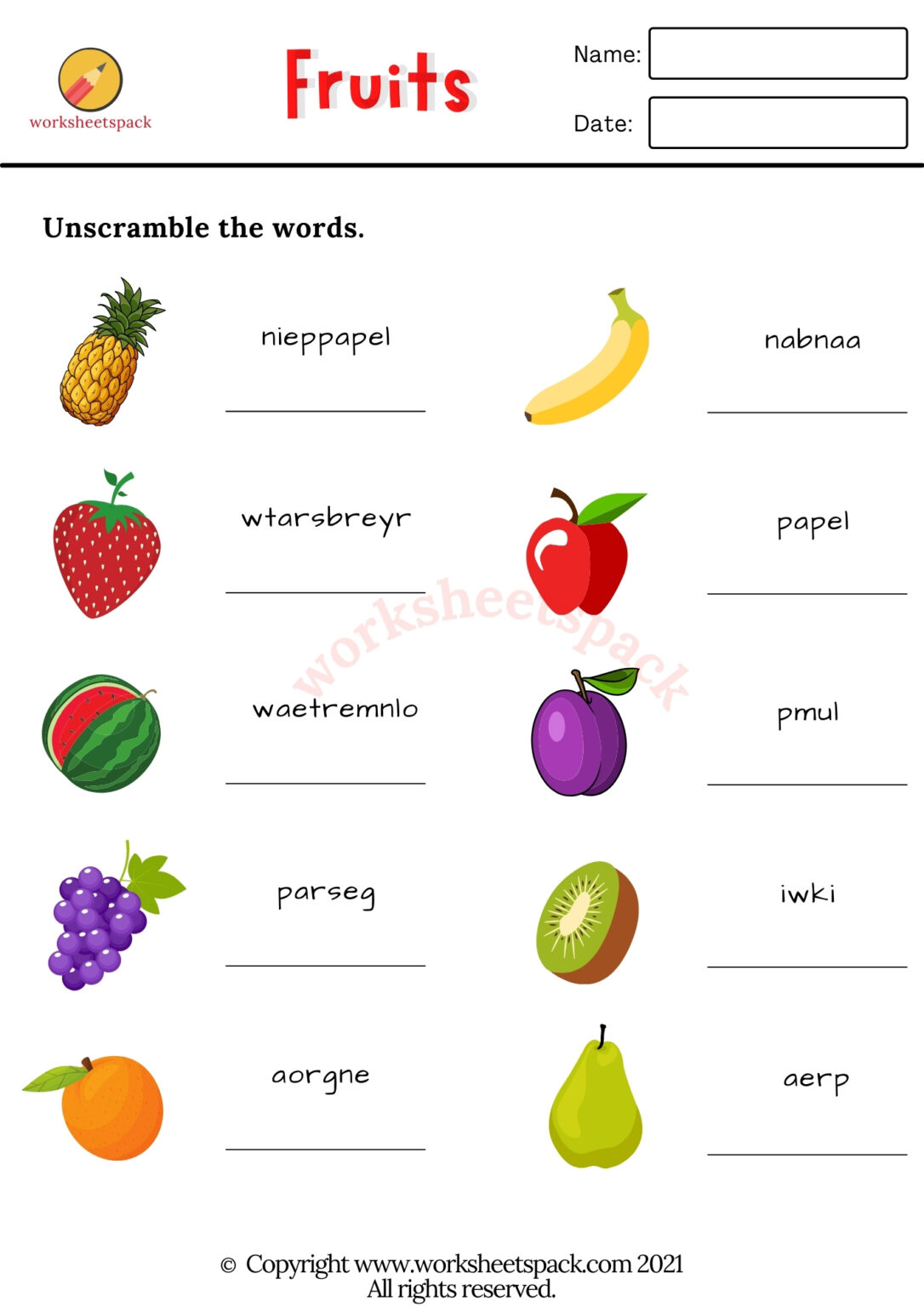 Free Fruits Worksheets - worksheetspack