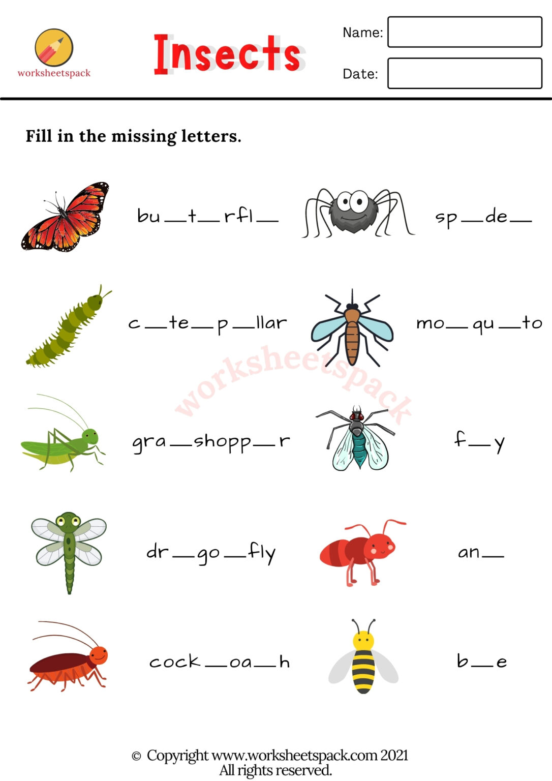 Free Insects Worksheets - worksheetspack