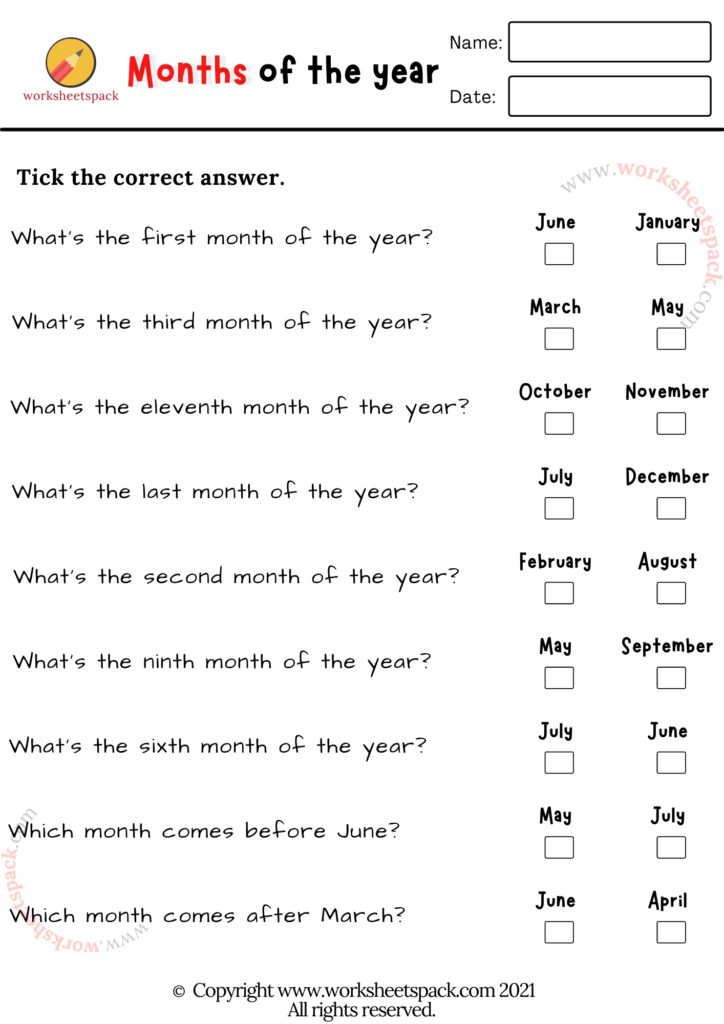 MONTHS OF THE YEAR WORKSHEETS