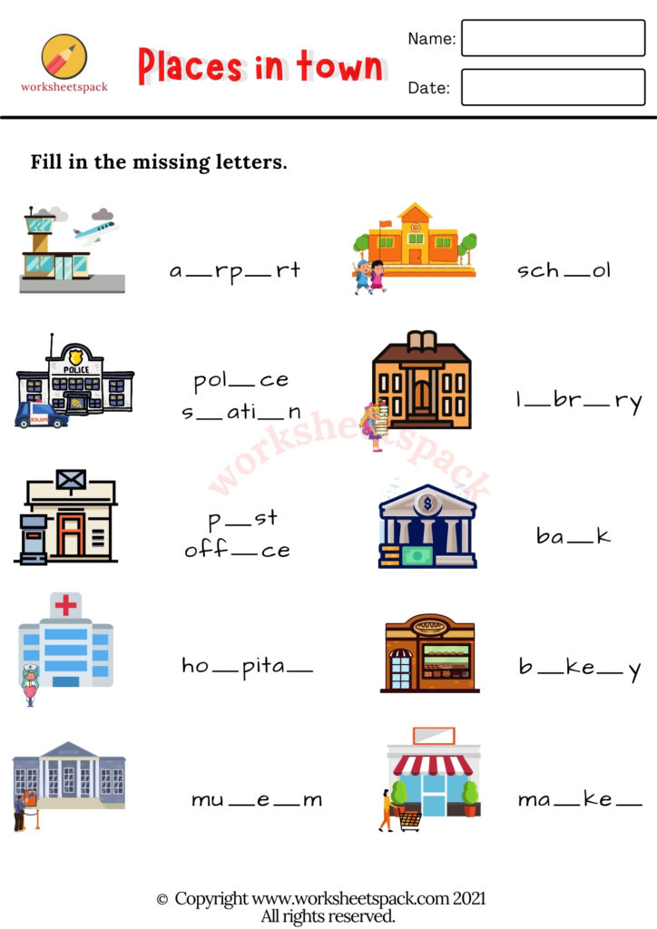 ESL places in town worksheets pack