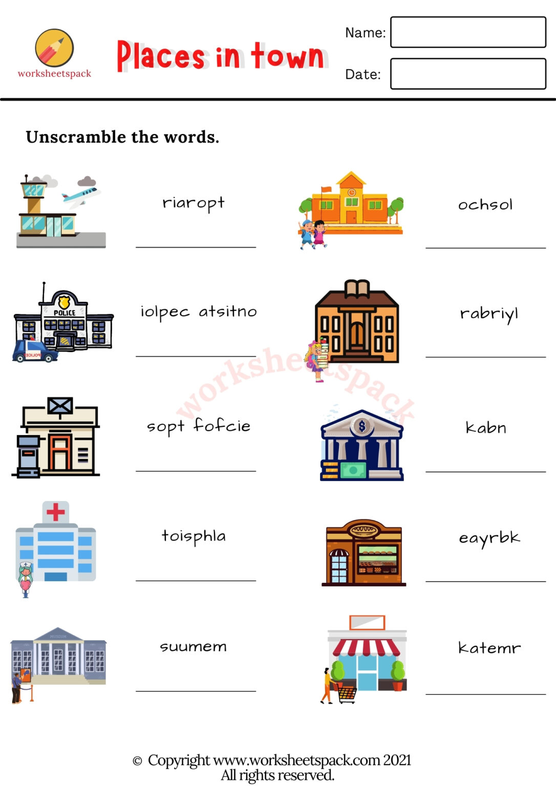 Places in Town Worksheets - worksheetspack