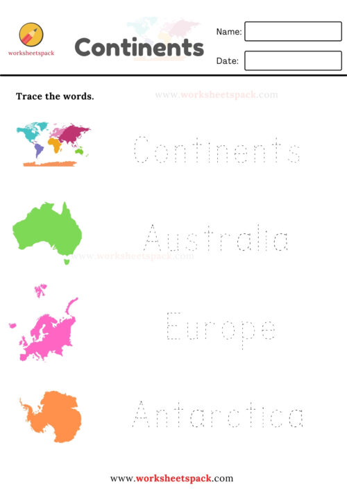 Seven Continents Names Tracing Worksheets Worksheetspack