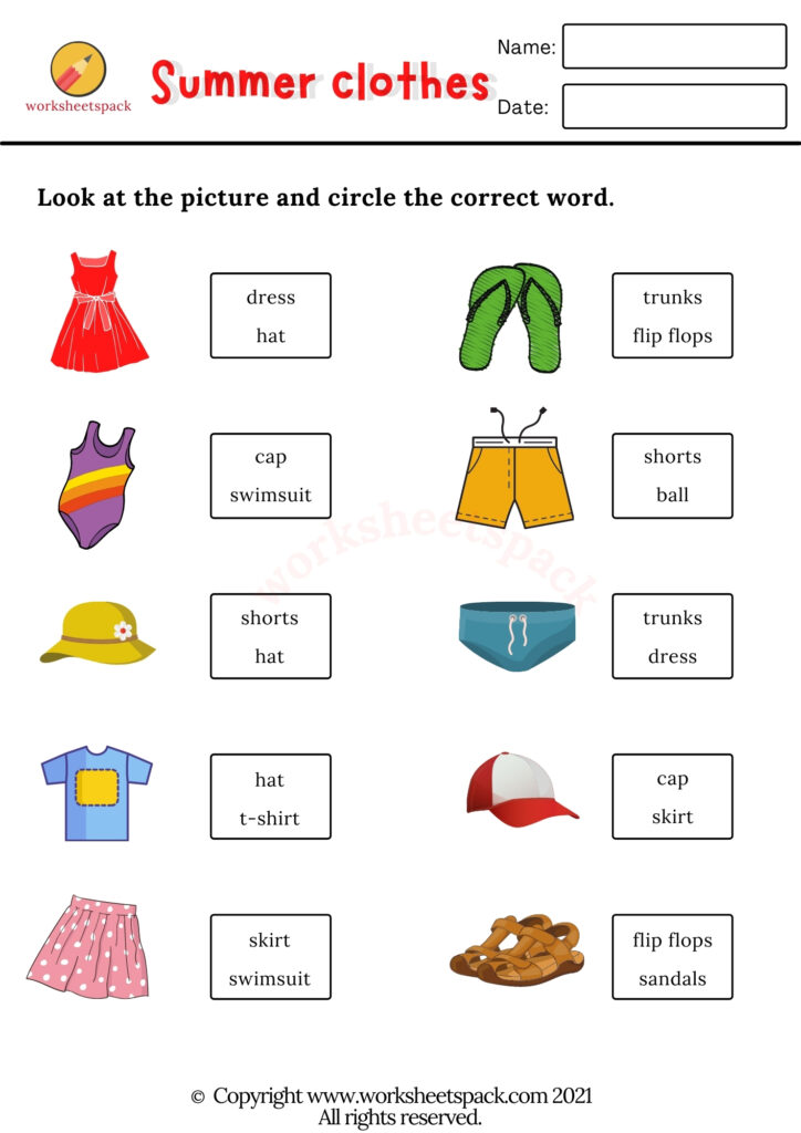 Free printable summer clothes worksheets pack