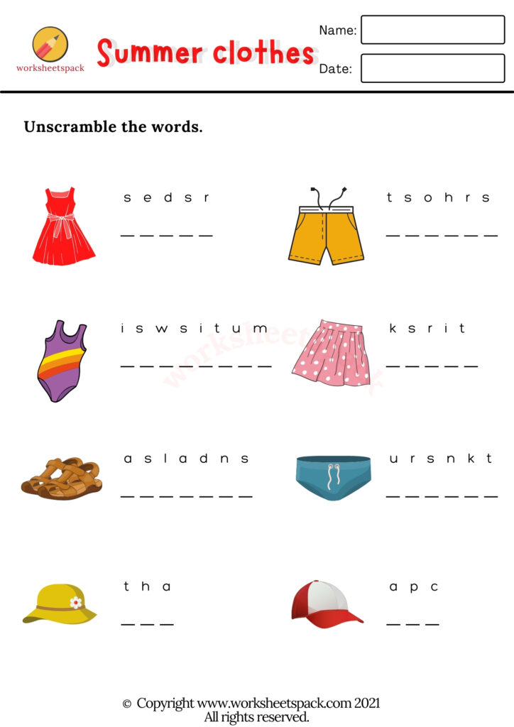 Summer clothes worksheets - worksheetspack