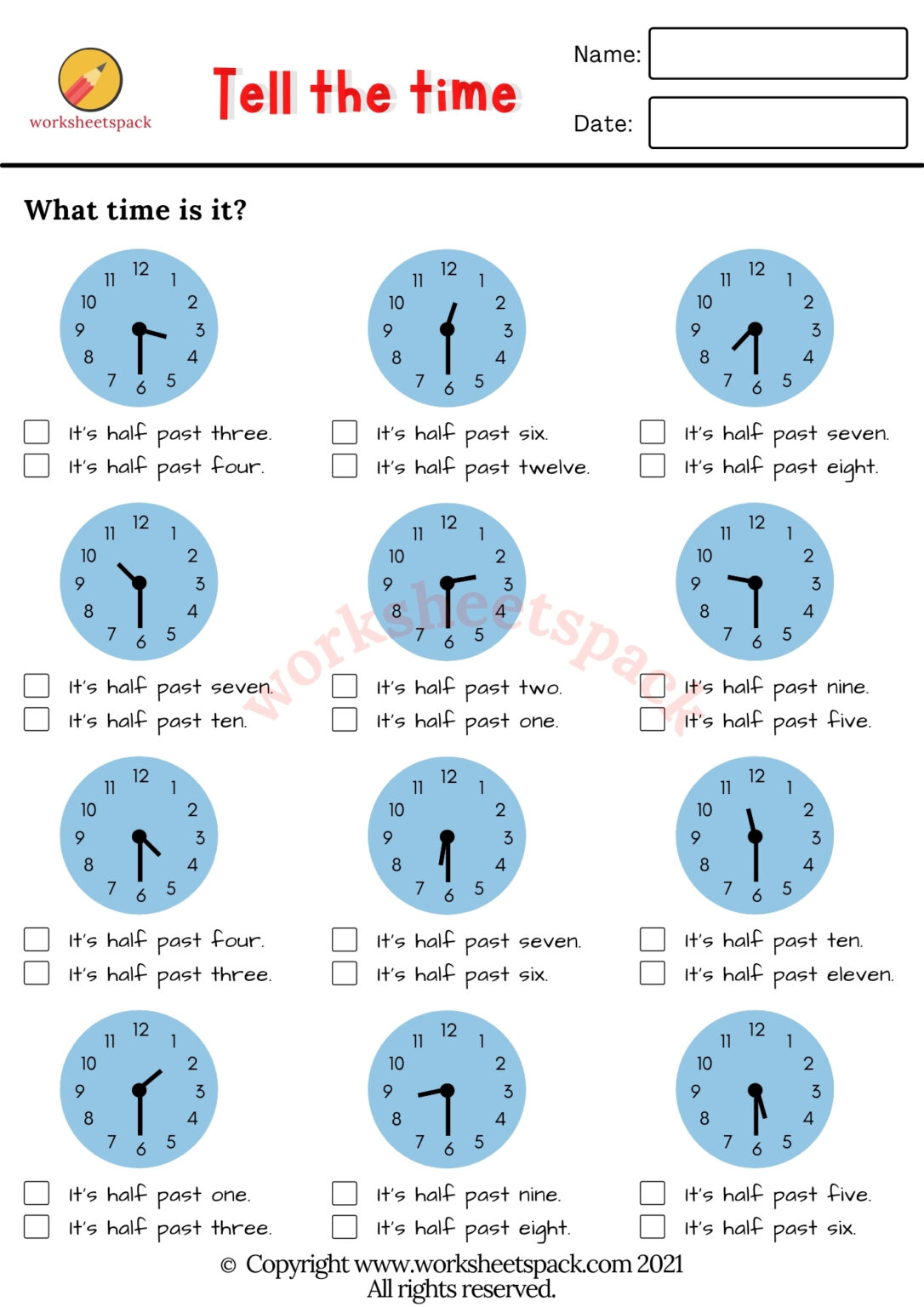 Tell the time worksheets - worksheetspack