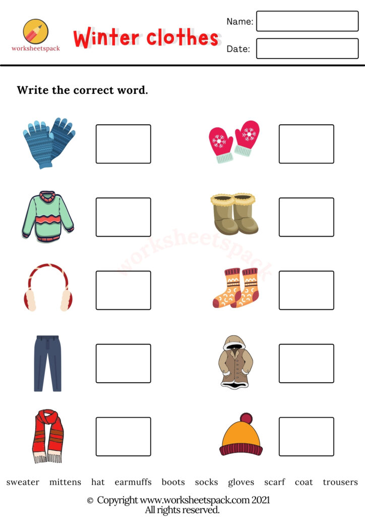 WINTER CLOTHES WORKSHEETS